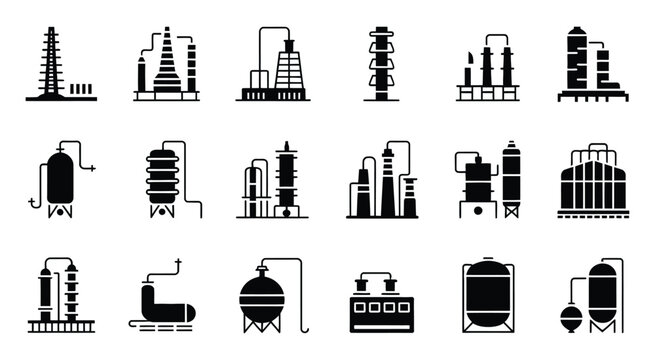 Black and white chemical plant icons, industrial infrastructure silhouettes, minimal vector design, factory and refinery illustration
