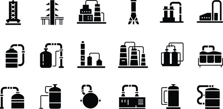 Black and white chemical plant icons, industrial infrastructure silhouettes, minimal vector design, factory and refinery illustration