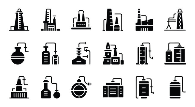 Black and white chemical plant icons, industrial infrastructure silhouettes, minimal vector design, factory and refinery illustration