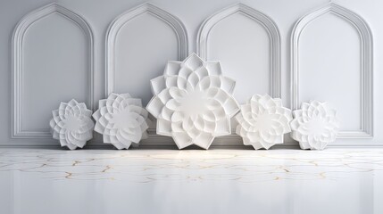 Fototapeta premium Elegant white floral wall decor and architecture.