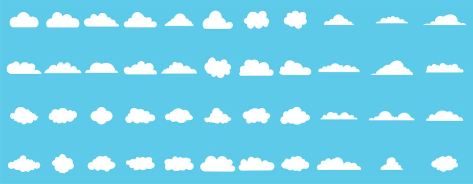 Cloud icon. Big vector set of forty-four white cloud shapes. Nature sky, cloud pattern, fume or misty fog art. Vector illustration.