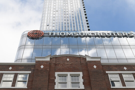 skyward view of Thomson Reuters building at 19 Duncan St, Toronto