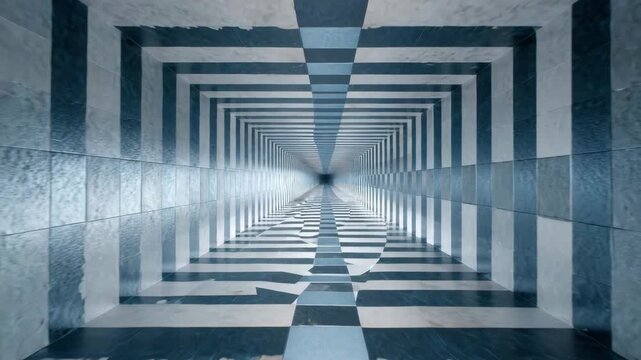 High clarity checkered vortex tunnel in cool grey and blue tones emphasizing symmetry depth illusion and balanced professional lighting