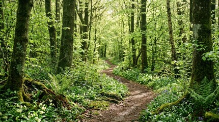 Fototapeta premium Tranquil Forest Path Through Lush Green Woodland for Peaceful Nature Walk