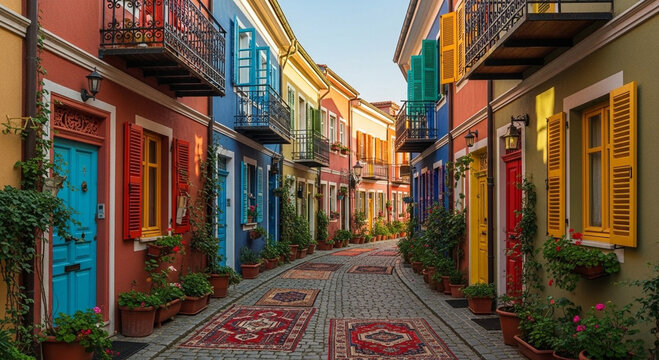 "Beautiful narrow street with colorful houses and traditional carpets in the old town"