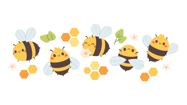 Cute bees characters with honeycombs and flowers. Spring garden pollinator. Perfect for kids design, nursery decor, organic products branding and educational materials. Flat vector illustration