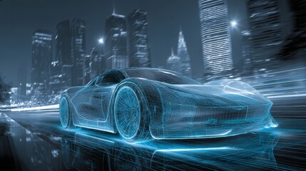 Futuristic car design in a modern cityscape.
