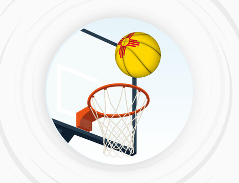 New Mexico Flag Themed Basketball in Motion, Scoring Moment in Basketball Game.