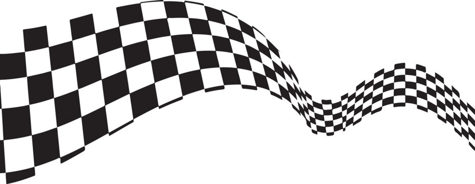 Wavy checkered flag pattern with black and white squares in a flowing ribbon shape on a white background
