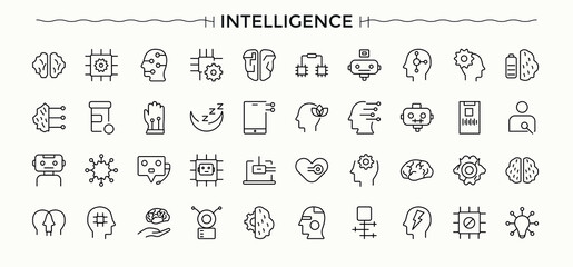 Intelligence line icon set. Automation thin ui icons. Robot icon set. Editable vector stroke.