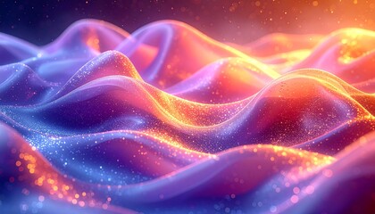 Fototapeta premium A vibrant, flowing abstract scene with undulating, silky forms rendered in gradients of blue, purple, and fiery orange hues, sparkling with light