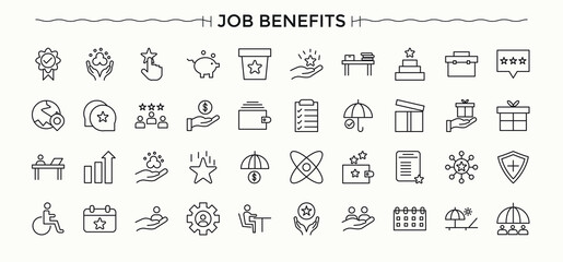 Employee Benefits icon set. Minimal icons pack. Bonus icon set. It contains symbols to employee, assistance, insurance, benefit, bonus, reward and more.