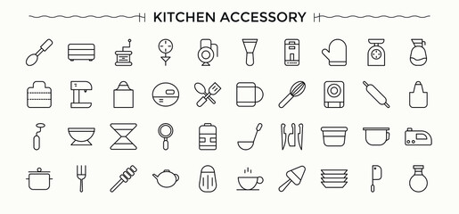 Kitchen Accessory icon set. Featuring tools, tool, kitchenware, equipment, cooking, utensil, cook and more. Minimal linear icons. Vector illustration. Kitchen icon set.