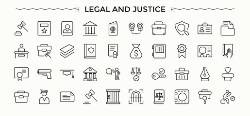 Set of Legal And Law line icon. It contains symbols to court, document, judge, law, right and more. Icons for UI designs. Judge icon. Editable stroke vector art.
