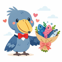 Obraz premium Cute cartoon shoebill holding a bouquet of fish on a light background, playful character design, whimsical illustration, humor concept, friendly mascot.