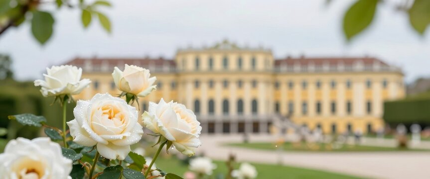 White roses blooming in the garden of Schonbrunn Palace. Historical imperial residence in Vienna. Famous Austrian landmark and tourist attraction, scenic floral architecture view.