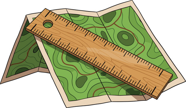 Topographic map with wooden ruler for navigation and distance measurement isolated vector illustration.