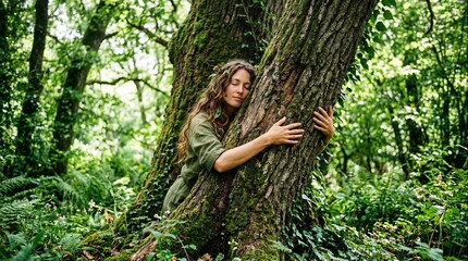 Naklejka premium Peaceful woman with long, curly hair hugging a majestic, moss-covered tree, celebrating the tranquil beauty and vital importance of the natural world