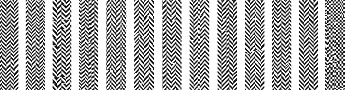 Tire track tread pattern collection with various rubber texture designs for vehicle wheel imprints.