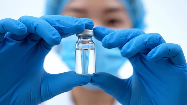 Close-up of a scientist wearing blue gloves and a mask, holding a clear vial of liquid against a white background with soft lighting.