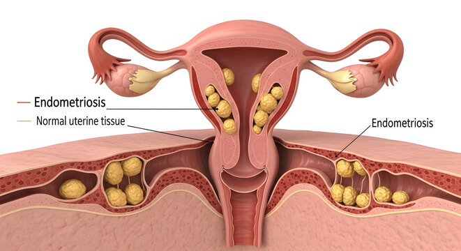 Medical Illustration of Uterus Conditions Endometriosis and Fibroids