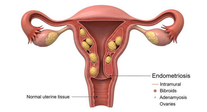 Medical Illustration of Uterus Conditions Endometriosis and Fibroids