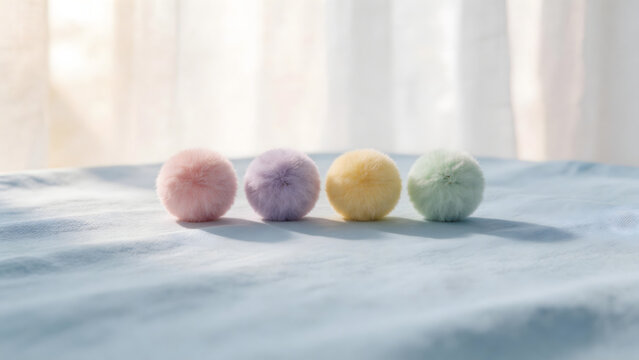 Colorful fluffy pom poms on fabric