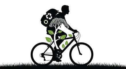 Fototapeta premium Cyclist with nature filled backpack rides across grassy field a striking silhouette