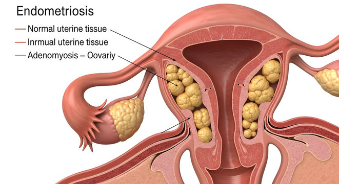 Medical Illustration of Uterus Conditions Endometriosis and Fibroids