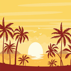 Obraz premium Tropical sunset, palm trees, beach scene, vector illustration, yellow orange hues