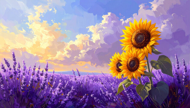 Sunny Lavender Field With Sunflowers.