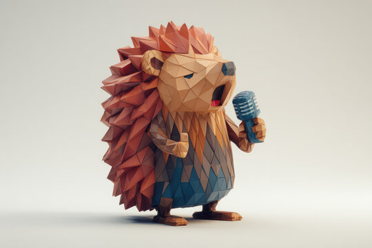 A low-poly hedgehog holds a microphone and sings against a clean background.
