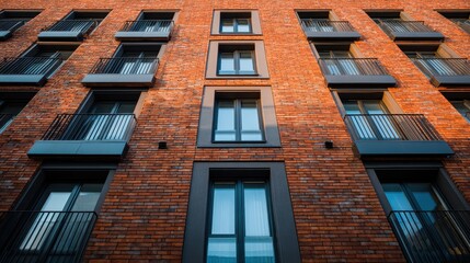 Obraz premium Contemporary apartment brick wall design with modern window feature in city residential real estate property exterior.