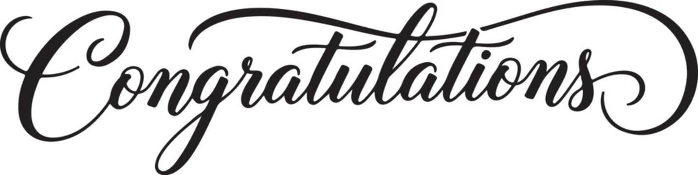 Vector art of congratulations message in elegant black cursive script with swirl