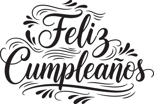 Vector art of feliz cumpleaos greeting with decorative swirls