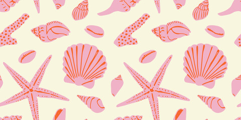 Diverse tropical beach sea shell seamless pattern. Summer marine animal background design. Vacation travel concept. Ocean snail collection flat cartoon backdrop illustration. © Dedraw Studio