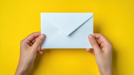 Fototapeta premium Envelope and white empty letter mock-up in female hands top view with copy space. Communication, information, post, mail concept. Web, social media banner template. Stock photo.