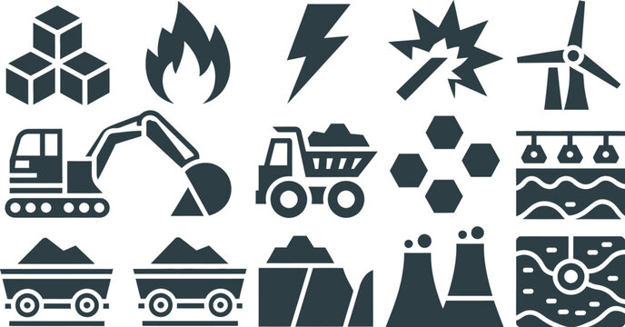 Gray coal mining industry icons featuring bucket wheel excavator, haul truck, mine carts, and power plant, vector illustration for energy infographics, fossil fuel logistics, and industrial design con