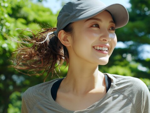 太陽の光を浴びて新緑の公園を笑顔でジョギングするアクティブな帽子を被った女性