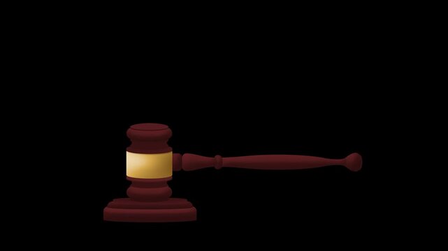 animated wooden gavel hit wooden mallet 3 times, signal the finality of a decision in court and auctions concept, animation footage video on alpha channel(transparent) background