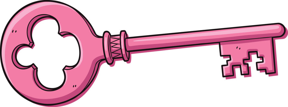 Pink vintage ornate skeleton key with clover shape head design for fantasy or classic mystery theme.