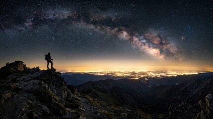 Fototapeta premium Lone Hiker Contemplating the Milky Way Above City Lights at Night