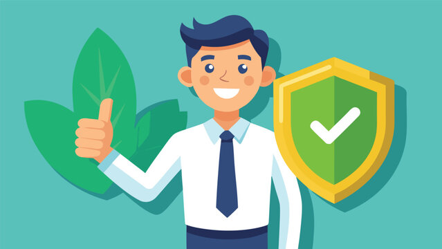 A smiling businessman in a suit giving a thumbs-up and holding a shield with a checkmark, symbolizing security, protection, and trustworthiness