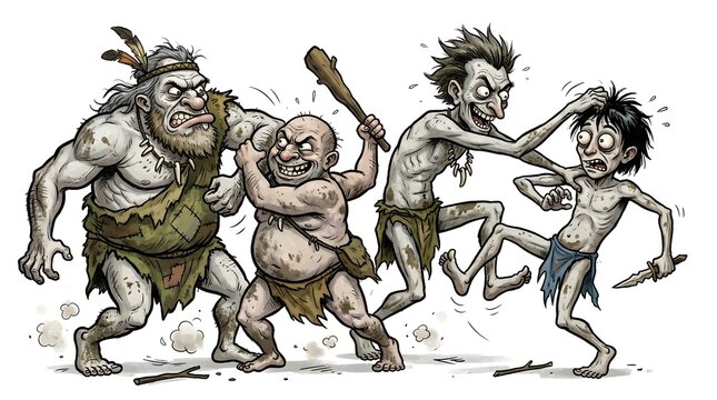Dynamic cartoon illustration portraying a humorous and energetic primitive tribal conflict, featuring cavemen engaged in a playful yet chaotic ancient scuffle