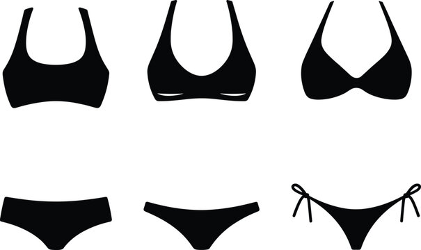 Black silhouettes of three different women's bikini swimwear outfits featuring various top and bottom styles isolated on white background for summer beach fashion concepts.