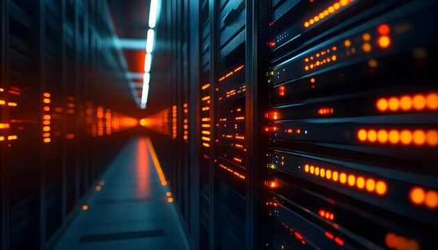 A futuristic data center featuring rows of servers illuminated by vibrant orange and blue lights, showcasing advanced technology.