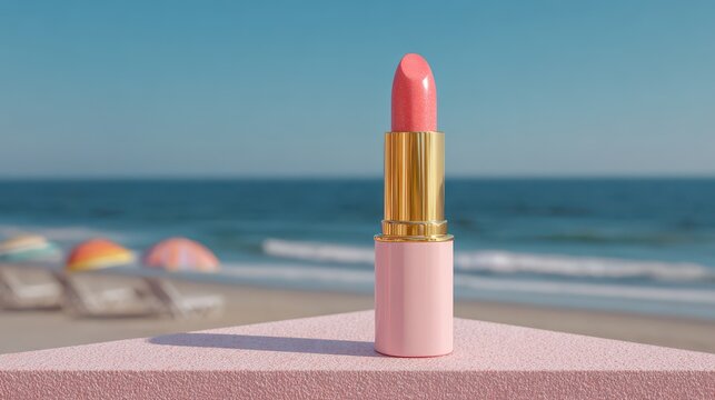 High Gloss Lipstick on Pastel Pink Podium Against Beach Background.