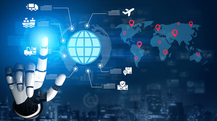 Obraz premium This image showcases the interaction of robotics with global supply chain management, highlighting digital connections and modern logistics in a futuristic environment. Ledger