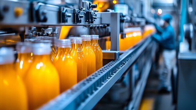 A modern beverage production line showcases orange juice bottles filling process in an efficient manufacturing facility.