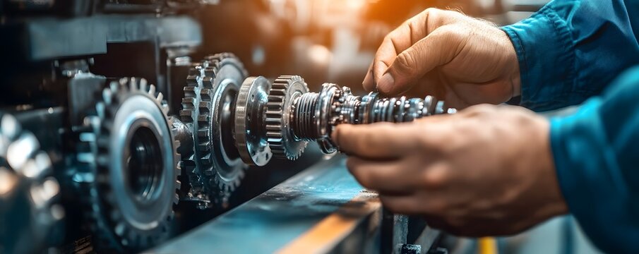 A skilled worker assembles intricate gears in a manufacturing setting, showcasing precision and craftsmanship in industrial engineering.